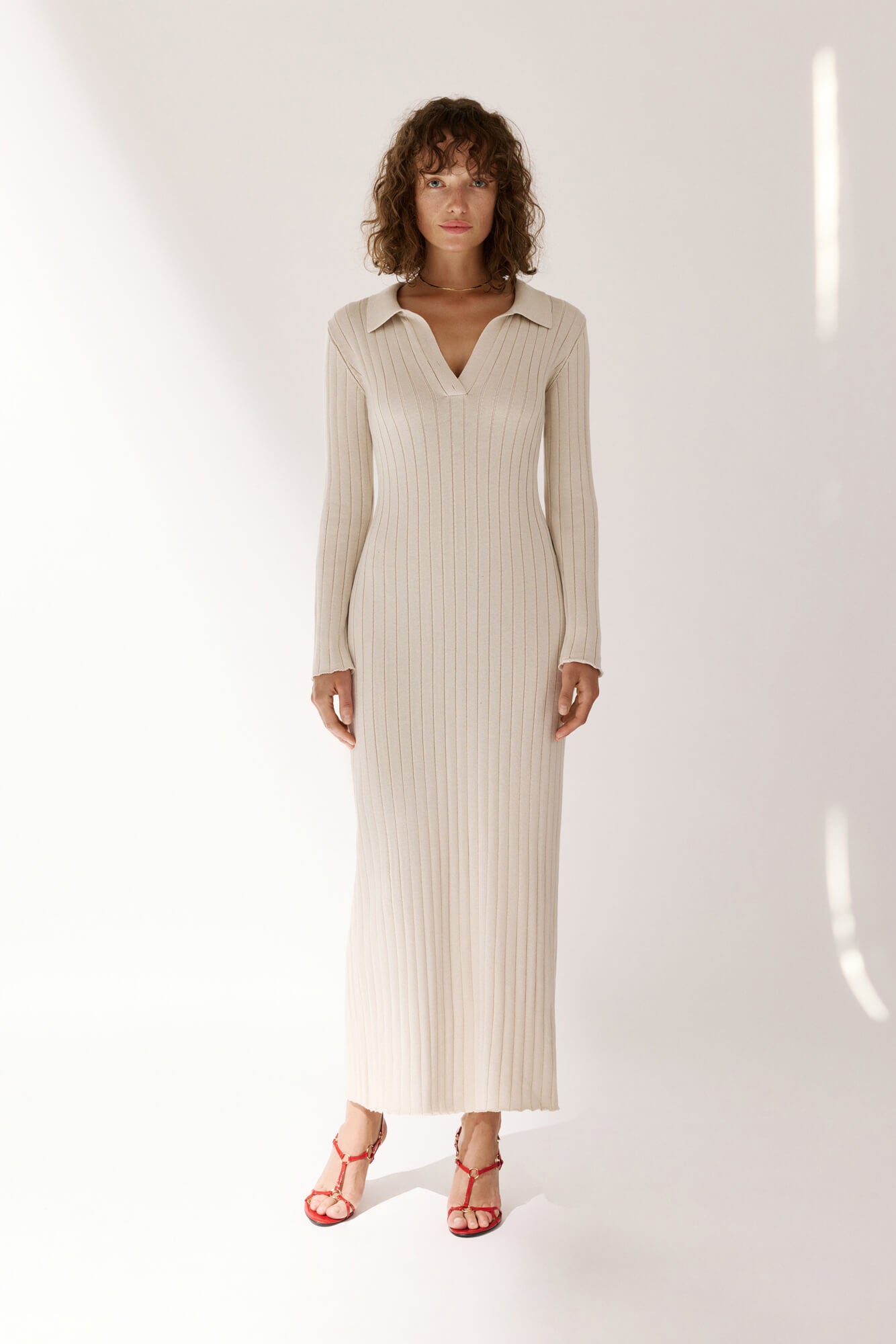 Ribbed Polo Maxi Dress with Slit Nova