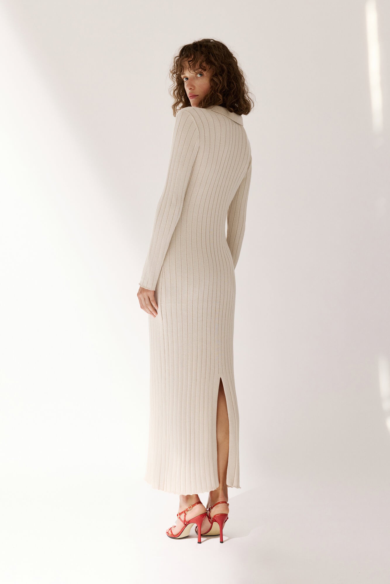 Ribbed Polo Maxi Dress with Slit Nova