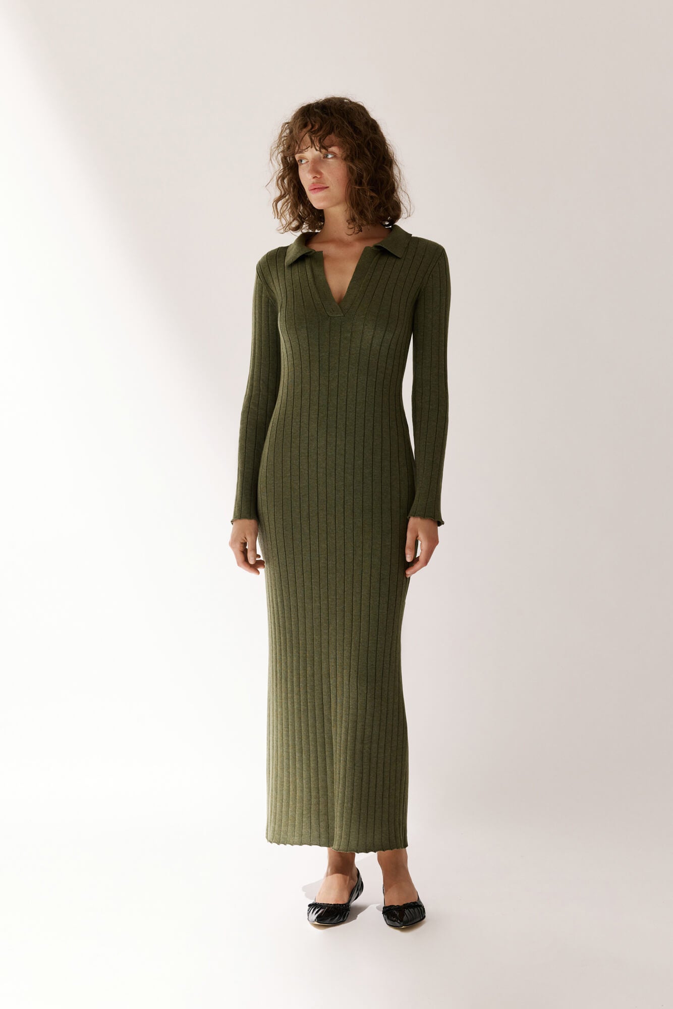 Ribbed Polo Maxi Dress with Slit Nova