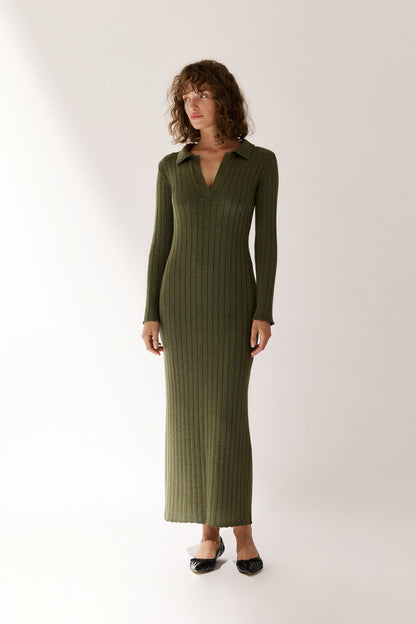 Ribbed Polo Maxi Dress with Slit Nova