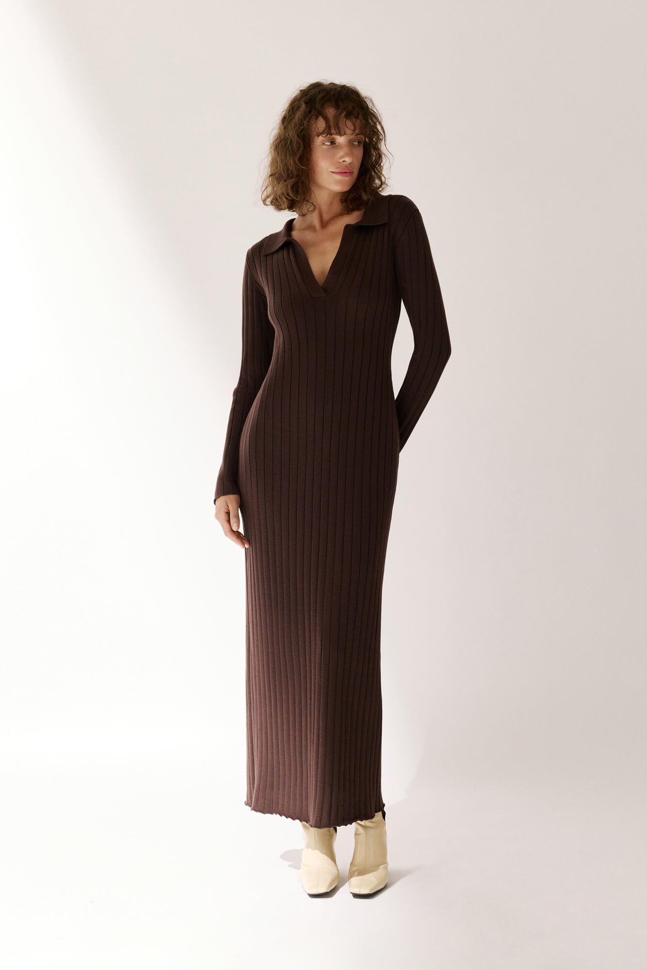 Ribbed Polo Maxi Dress with Slit Nova